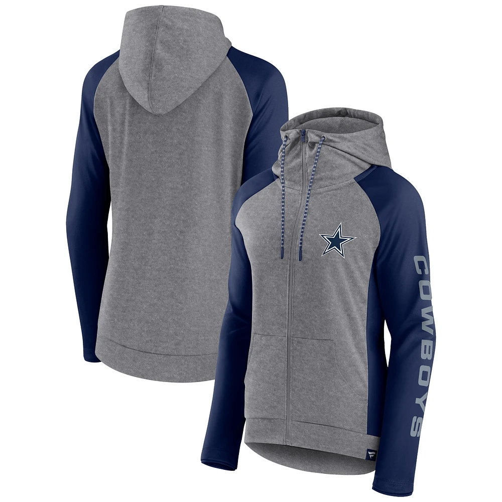 Sweat à capuche entièrement zippé Fanatics gris/marine Dallas Cowboys Blind Side Raglan pour femmes