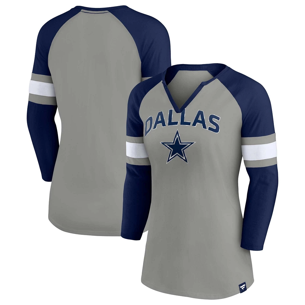 Women's Fanatics Gray/Navy Dallas Cowboys Team Arch Raglan 3/4-Sleeve Notch-Neck T-Shirt