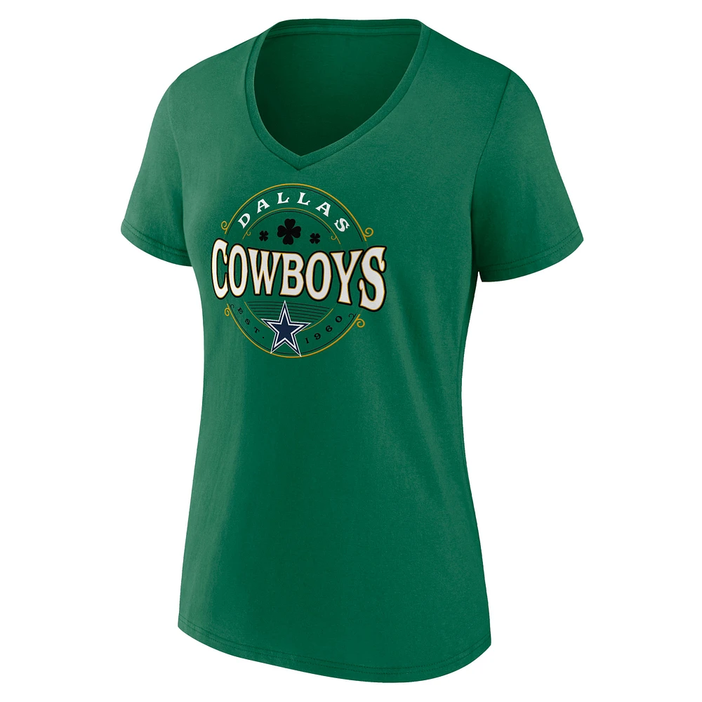 T-shirt vert à col en V Fanatics pour femmes des Cowboys de Dallas Lucky Celtic