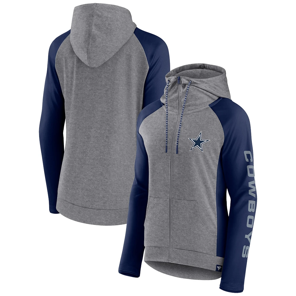 Fanatics pour femmes Heather Grey/College Navy Dallas Cowboys Blind Side Sweat à capuche léger entièrement zippé