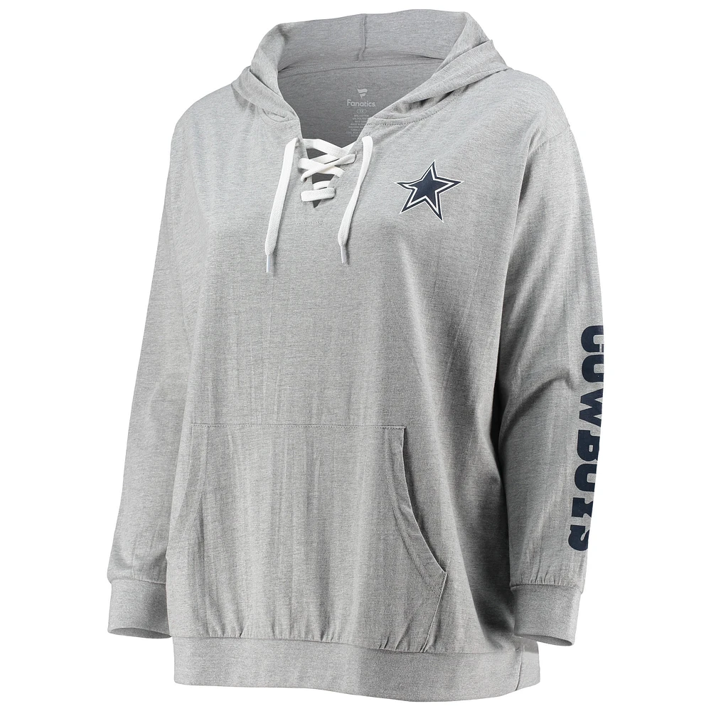 Women's Fanatics Heathered Gray Dallas Cowboys Plus Lace-Up Pullover Hoodie