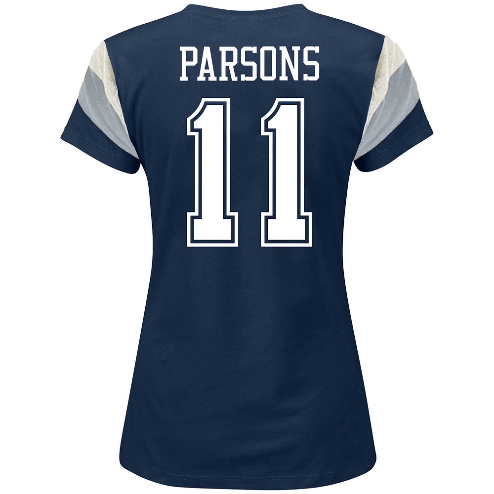 Women's Fanatics Micah Parsons Navy Dallas Cowboys Plus Sleeve Stripe Name & Number T-Shirt