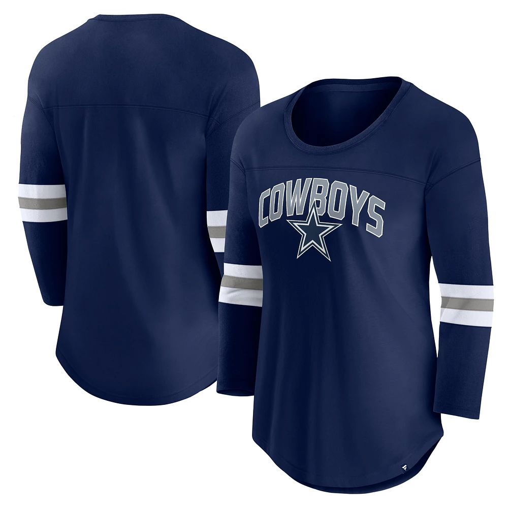 T-shirt à manches 3/4 avec logo de la première équipe des Cowboys Dallas Fanatics pour femme, bleu marine