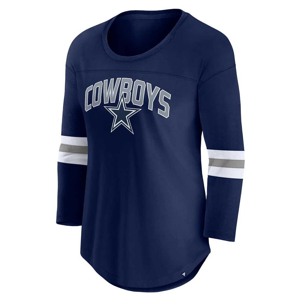 T-shirt à manches 3/4 avec logo de la première équipe des Cowboys Dallas Fanatics pour femme, bleu marine