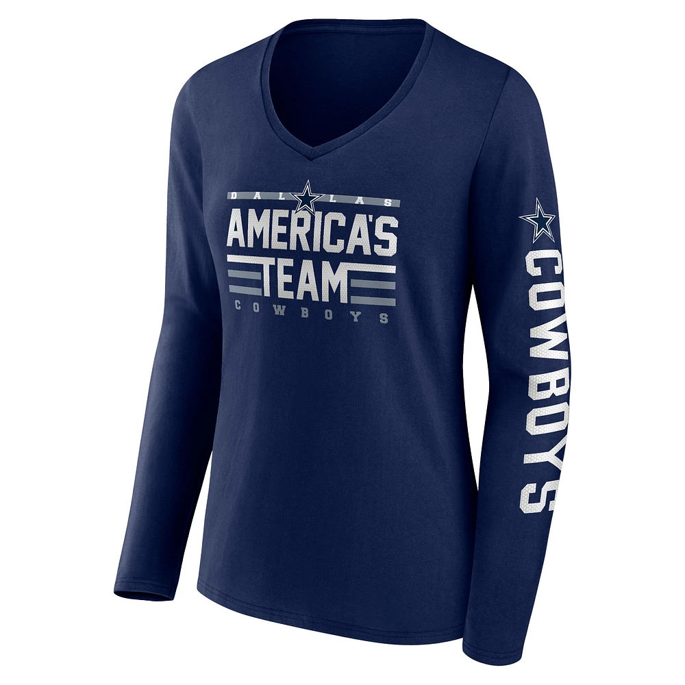 T-shirt à manches longues et col en V Fanatics pour femmes, bleu marine, Dallas Cowboys Hometown Sweep