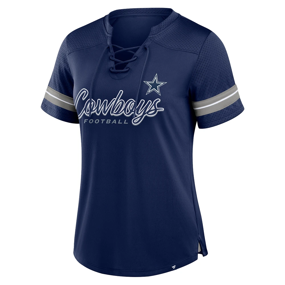 T-shirt à lacets Fanatics bleu marine Dallas Cowboys Play Script pour femme