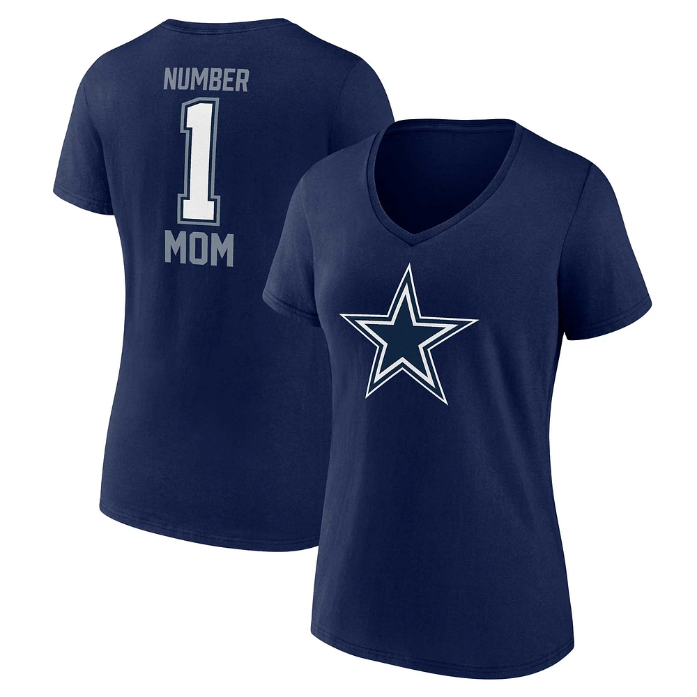 T-shirt à col en V pour femmes Fanatics Navy Dallas Cowboys grande taille Fête des Mères #1 Mom