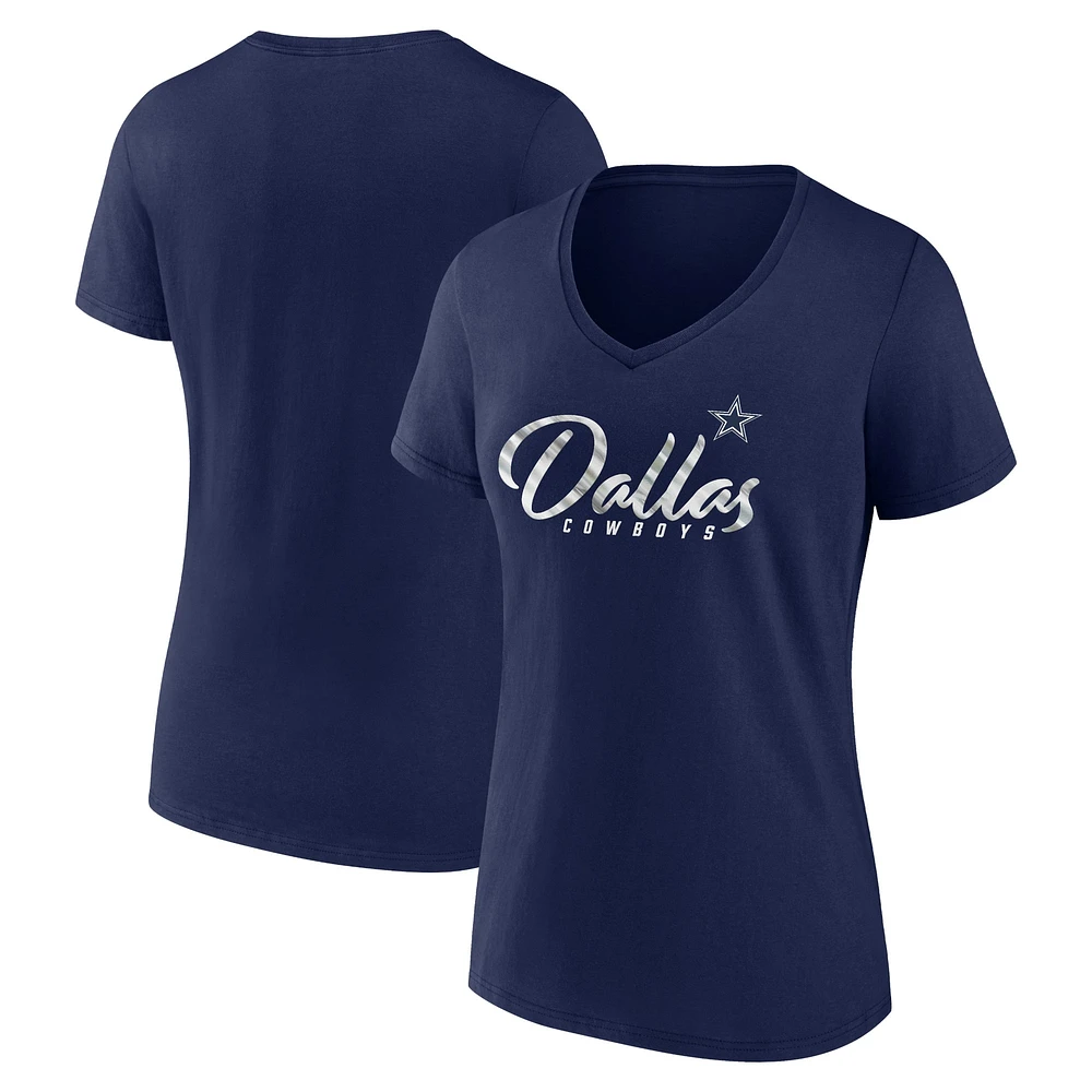 T-shirt à col en V Fanatics pour femmes bleu marine Dallas Cowboys Shine Time