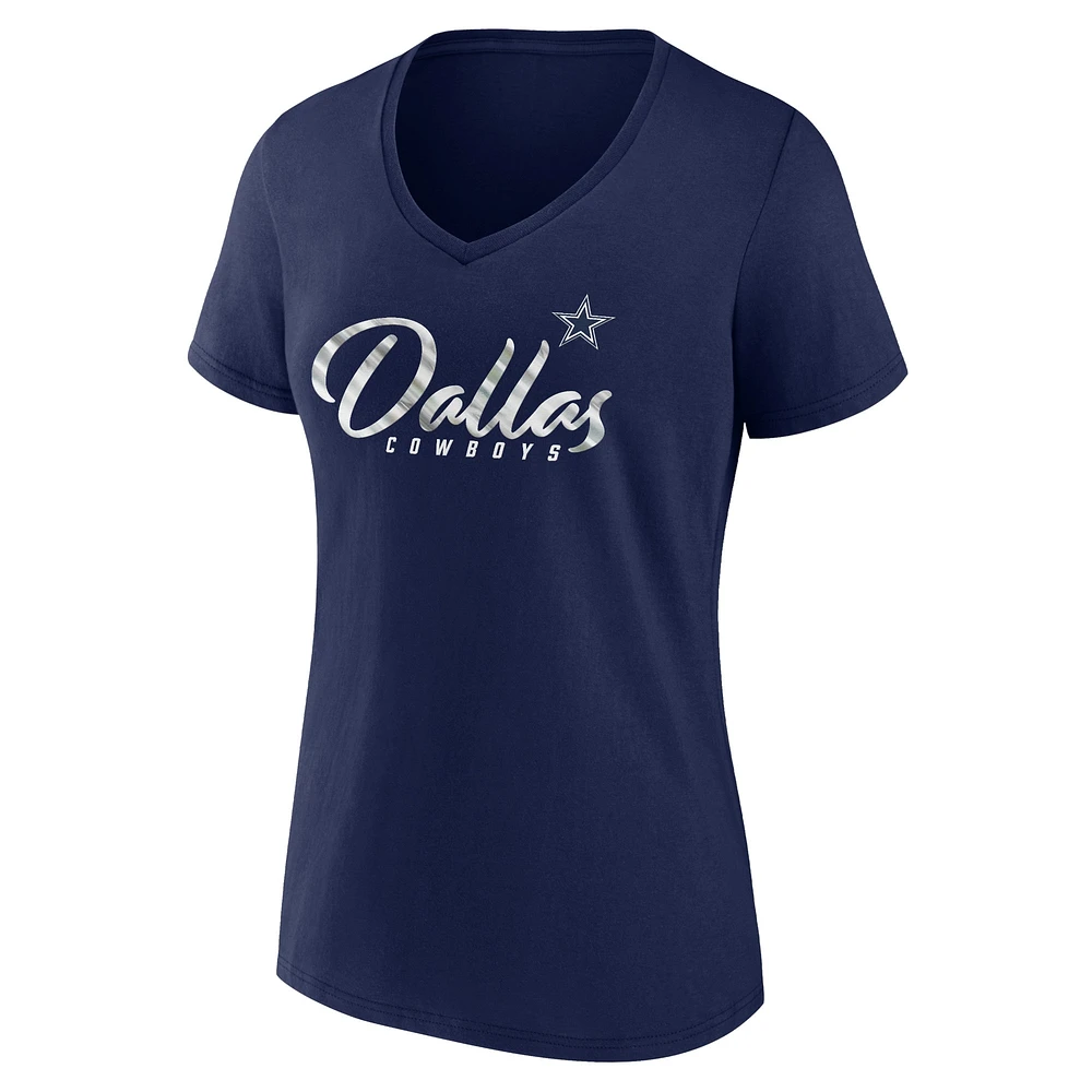 T-shirt à col en V Fanatics pour femmes bleu marine Dallas Cowboys Shine Time