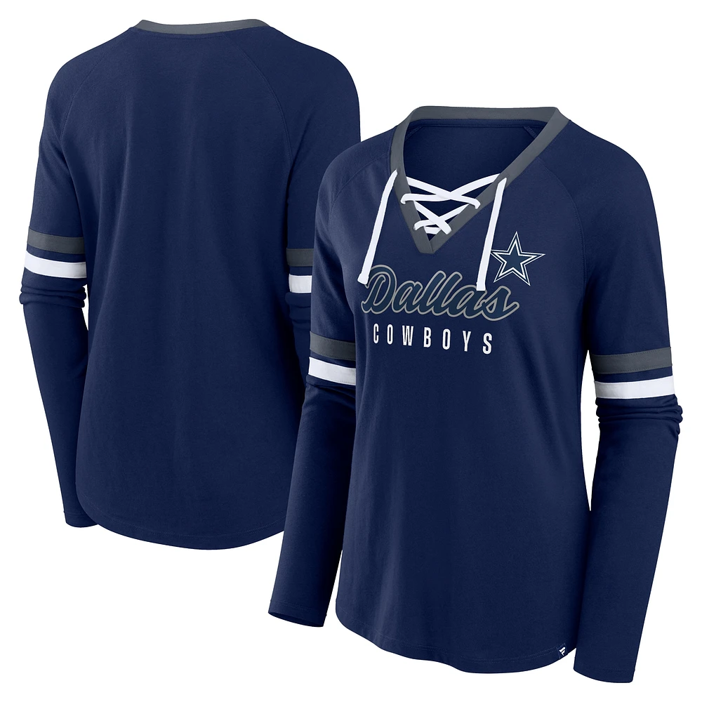 Women's Fanatics Navy Dallas Cowboys Won and Done Lace-Up Long Sleeve Fashion Top