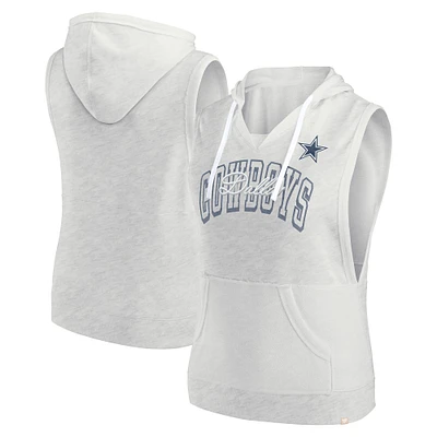 Sweat à capuche sans manches col en V Fanatics Oatmeal Dallas Cowboys Lounge Script pour femmes