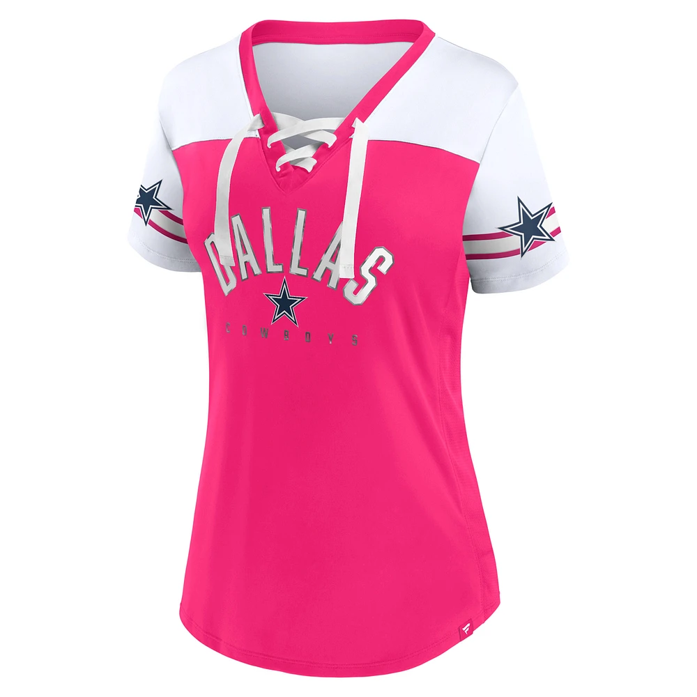 T-shirt en jersey à lacets et col V Fanatics pour femmes, rose/blanc, Dallas Cowboys Blitz & Glam