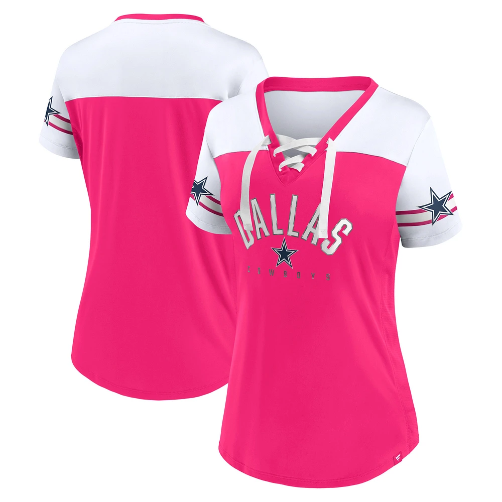 T-shirt en jersey à lacets et col V Fanatics pour femmes, rose/blanc, Dallas Cowboys Blitz & Glam