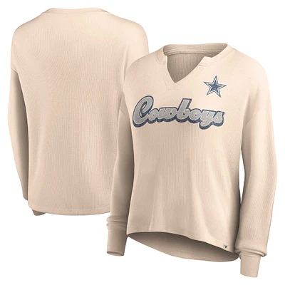 Women's Fanatics Tan Dallas Cowboys Go For It Notch Neck Waffle Knit Lightweight Long Sleeve T-Shirt