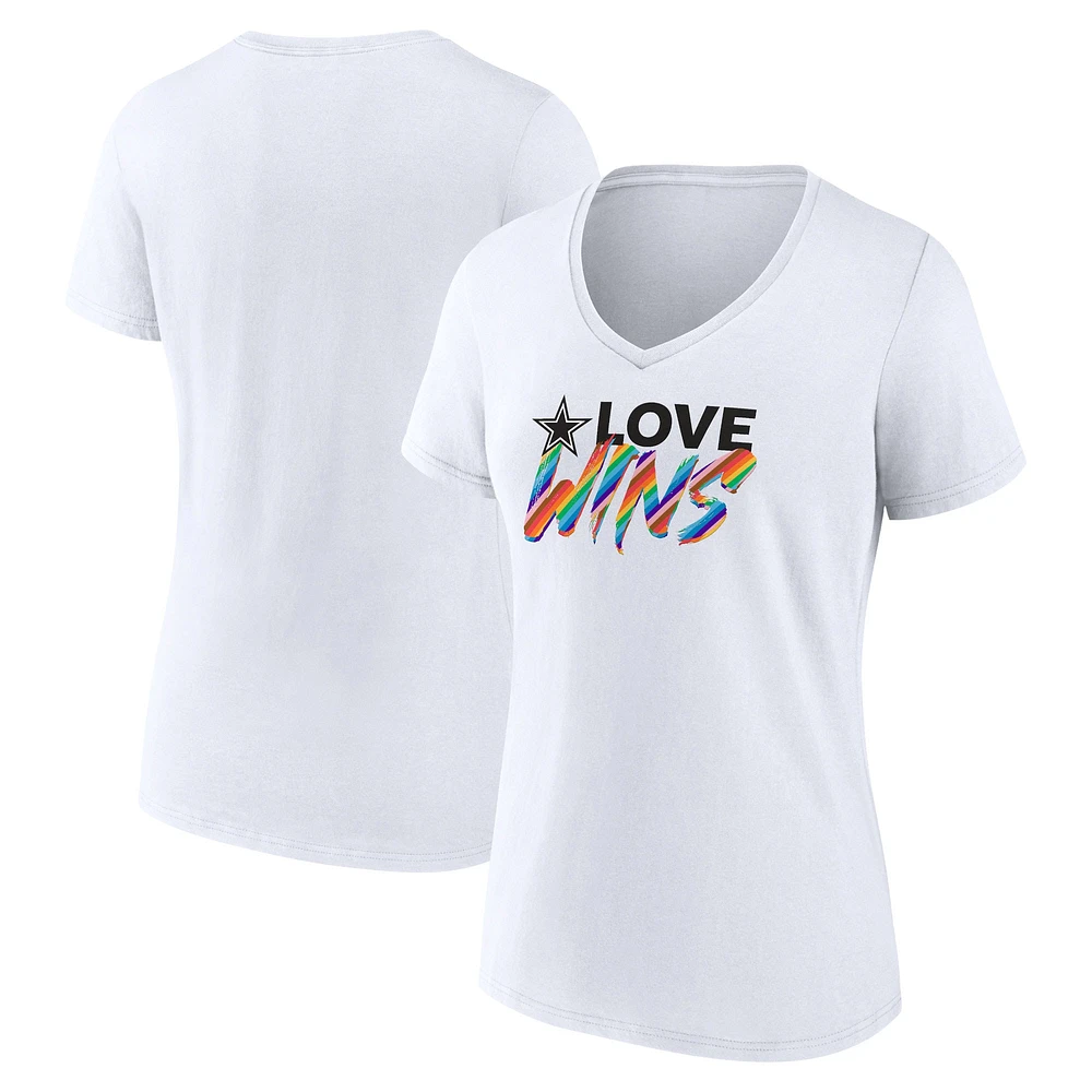 T-shirt blanc à col en V Fanatics pour femmes des Cowboys de Dallas Love Wins