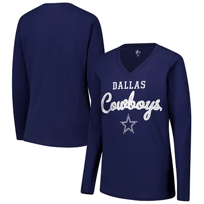 T-shirt à manches longues et col en V pour femme G-III 4Her by Carl Banks Navy Dallas Cowboys Post Season