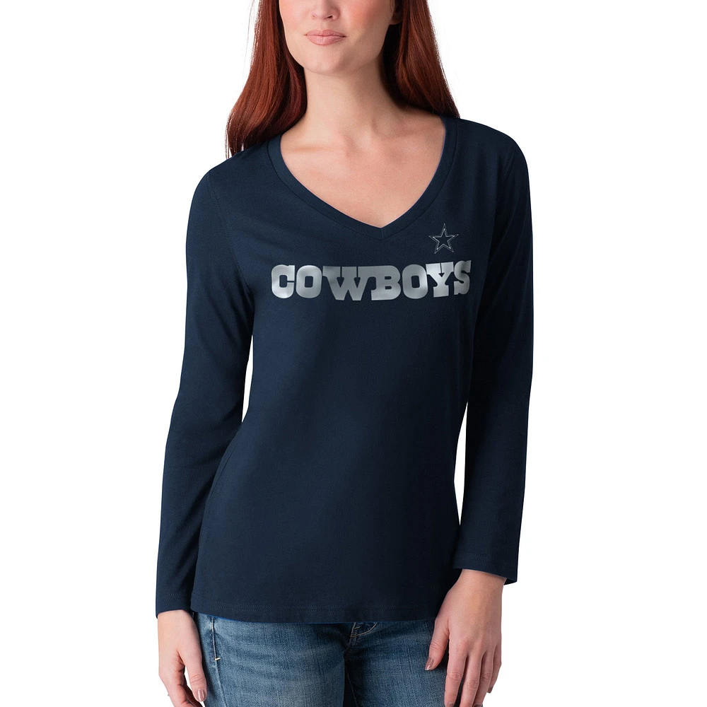 Women's G-III 4Her by Carl Banks Navy Dallas Cowboys Post Season Team - Long Sleeve V-Neck T-Shirt