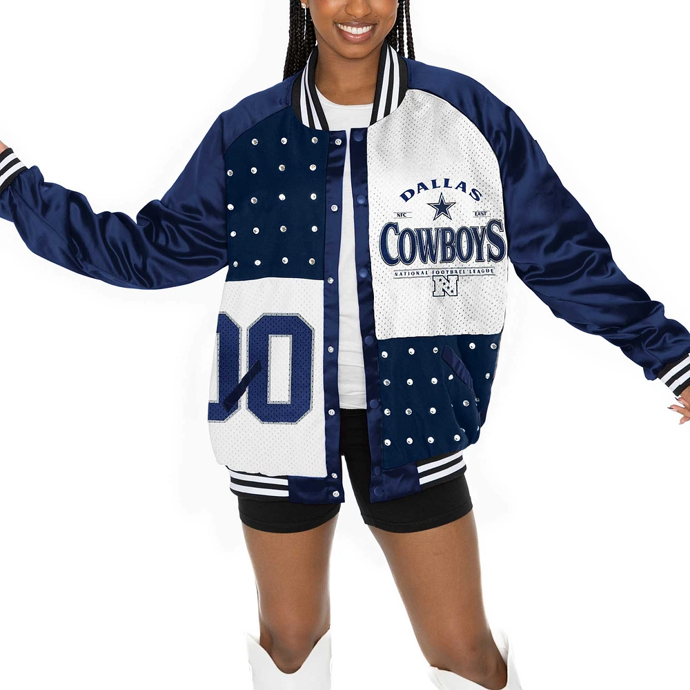 Women's Gameday Couture  Navy/White Dallas Cowboys Oversized Hot Shot Rhinestone Throwback Full-Snap Varsity Bomber Jacket