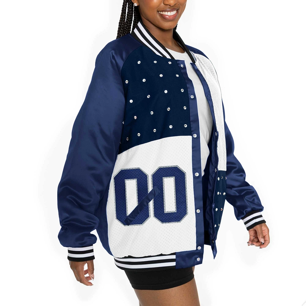 Women's Gameday Couture  Navy/White Dallas Cowboys Oversized Hot Shot Rhinestone Throwback Full-Snap Varsity Bomber Jacket