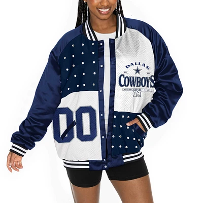 Women's Gameday Couture  Navy/White Dallas Cowboys Oversized Hot Shot Rhinestone Throwback Full-Snap Varsity Bomber Jacket