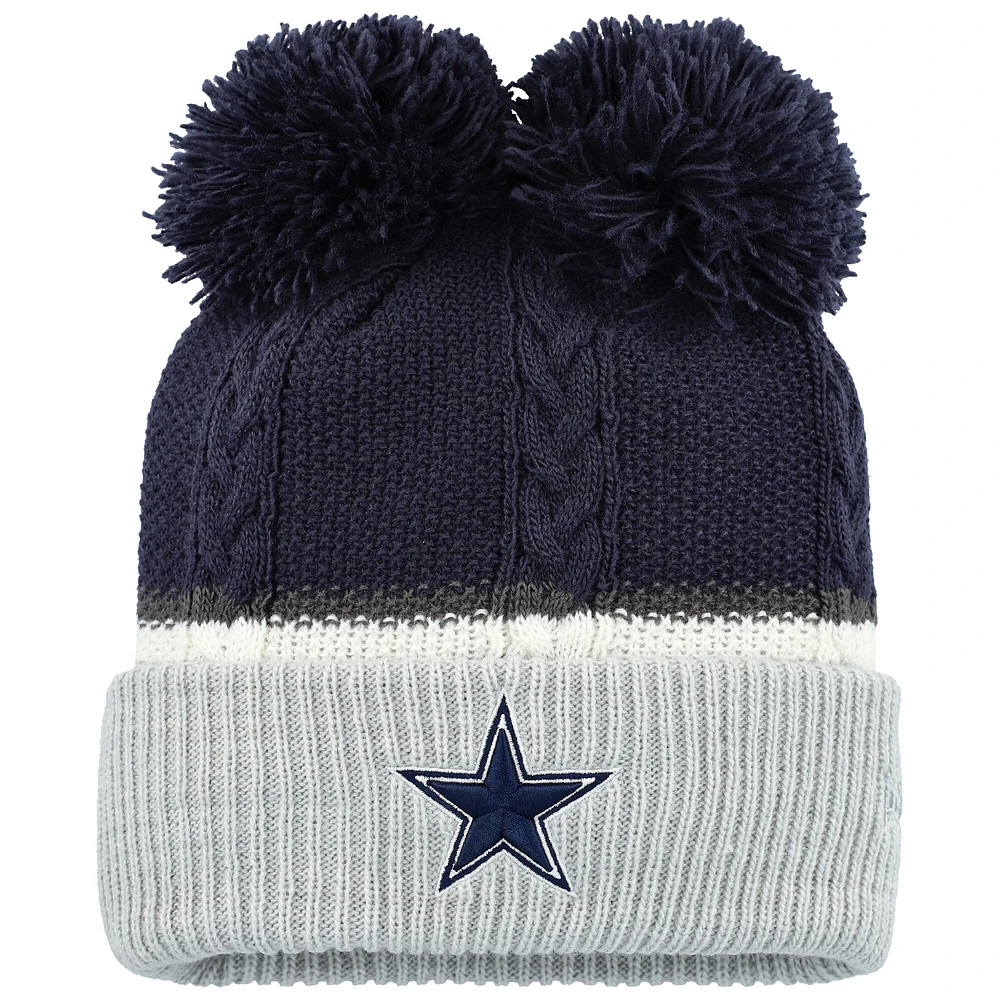 Bonnet en tricot à revers à double bulle avec pompons Dallas Cowboys New Era bleu marine pour femme