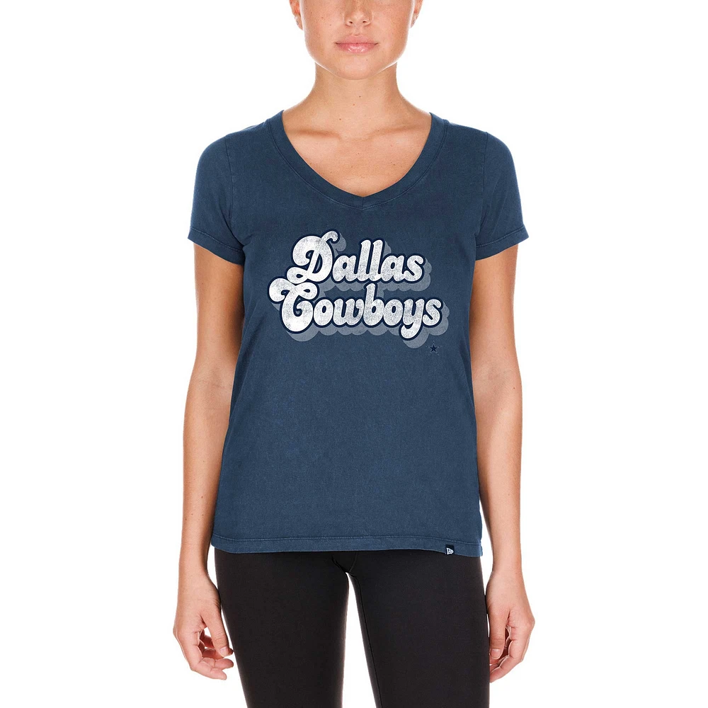 Women's New Era Navy Dallas Cowboys Enzyme Wash Low V-Neck T-Shirt