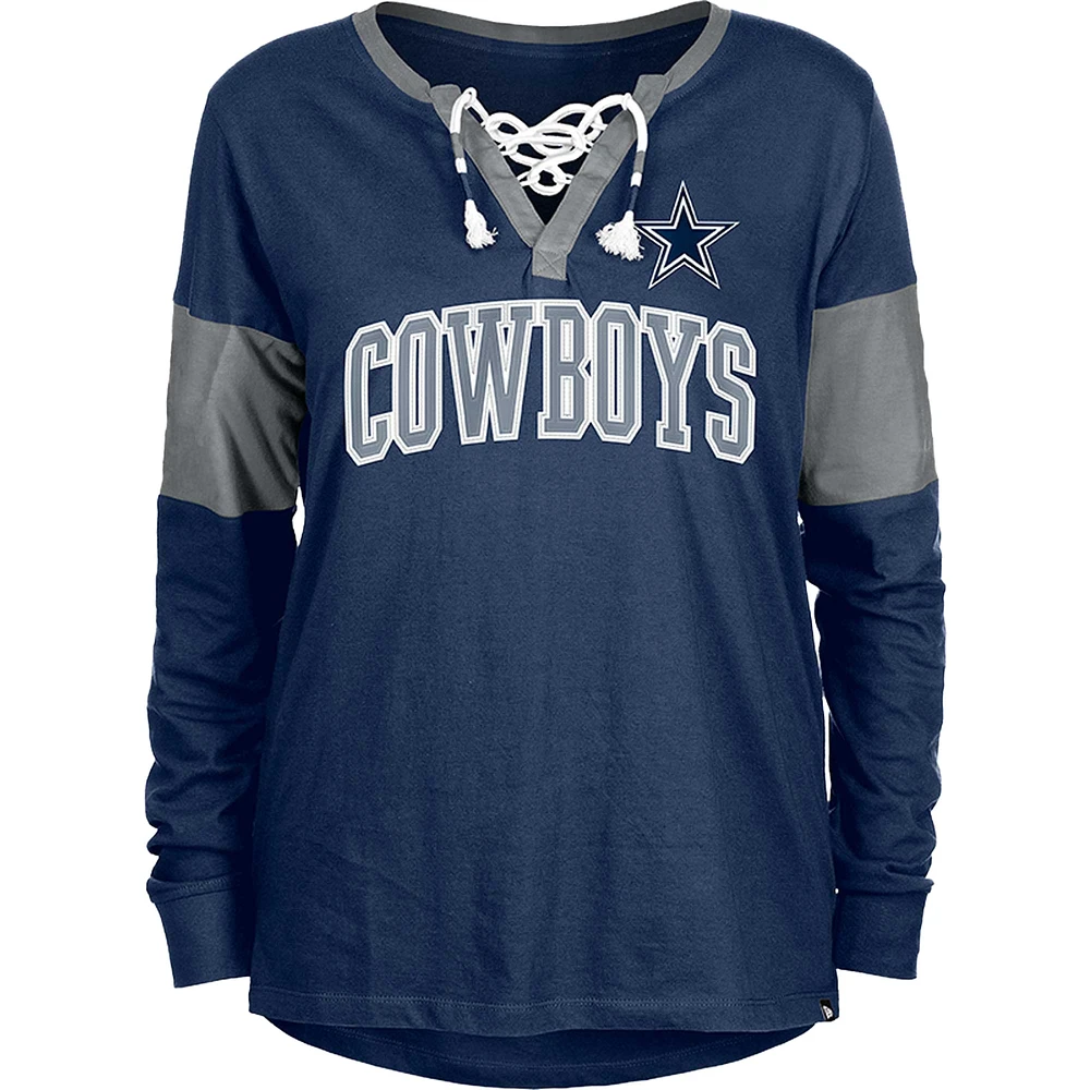 Women's New Era Navy Dallas Cowboys Lace-Up Notch-Neck Long Sleeve T-Shirt
