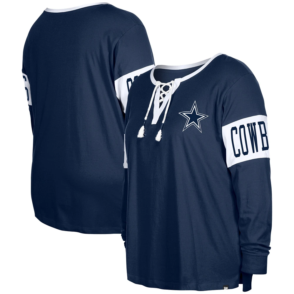 T-shirt à manches longues lacets et col cranté New Era pour femme, bleu marine, Dallas Cowboys, grande taille