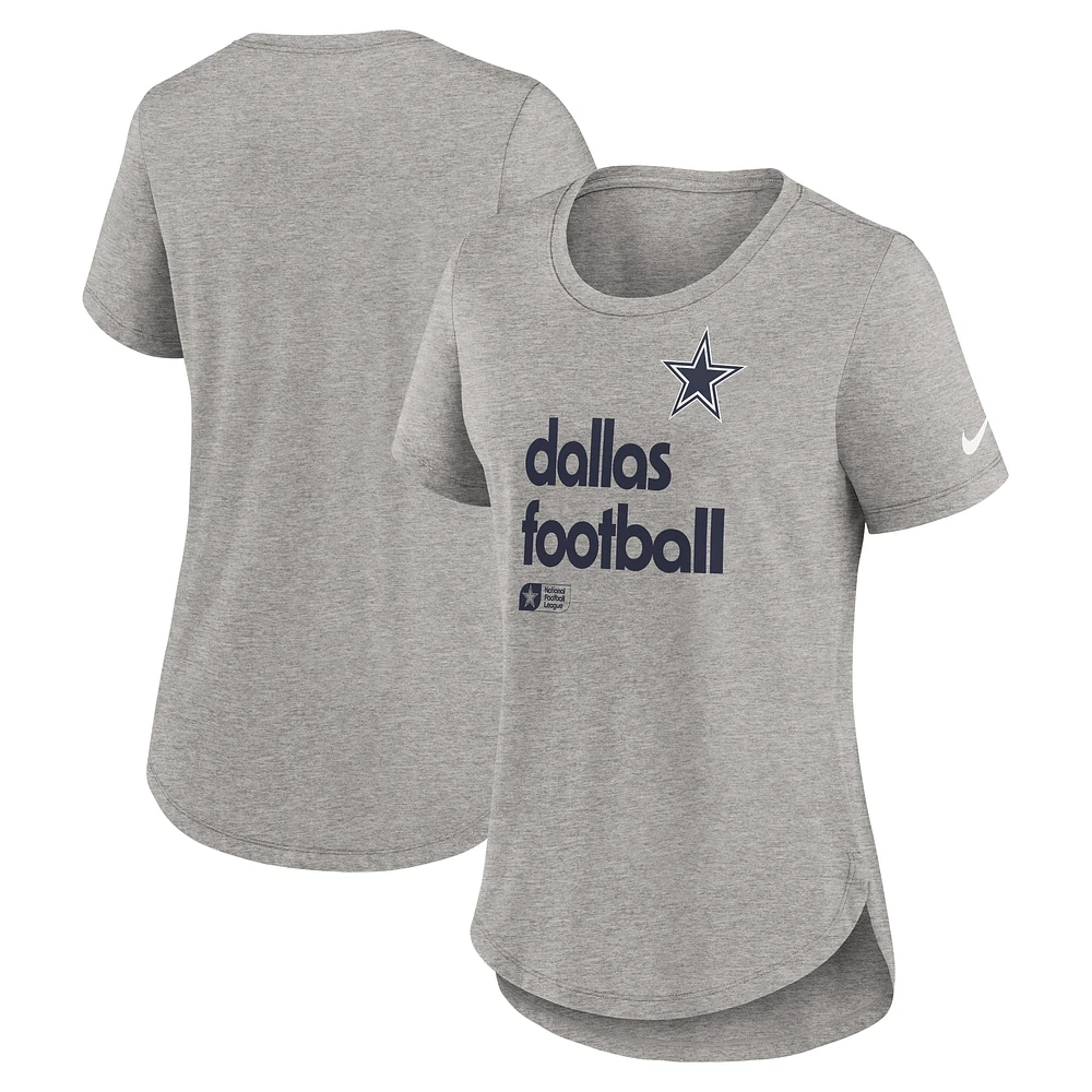 T-shirt Nike gris chiné à trois bandes pour femme Dallas Cowboys Fashion