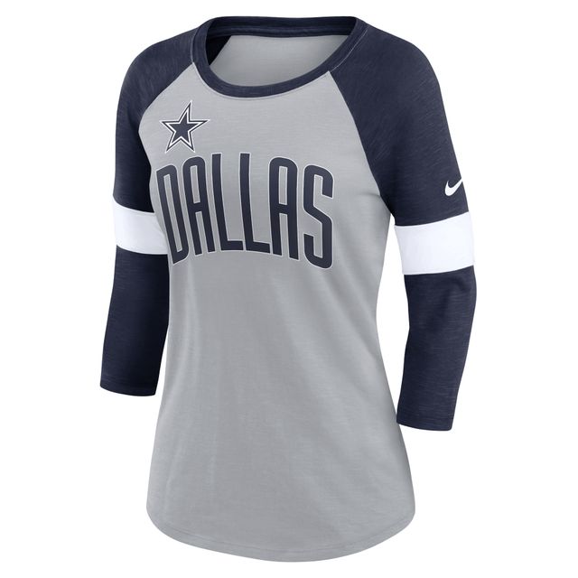 T-shirt à manches 3/4 raglan pour femme Nike Dallas Cowboys Football Pride Slub – Gris chiné/bleu marine