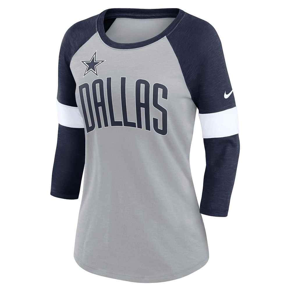 Women's Nike Heathered Gray/Navy Dallas Cowboys Football Pride Slub - 3/4 Raglan Sleeve T-Shirt