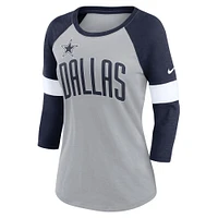 Women's Nike Heathered Gray/Navy Dallas Cowboys Football Pride Slub - 3/4 Raglan Sleeve T-Shirt