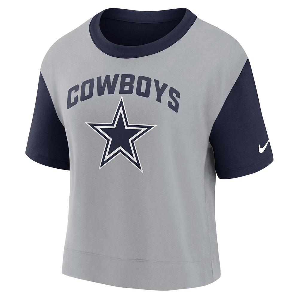 T-shirt à hanches hautes pour femme Dallas Cowboys Nike bleu marine/argenté