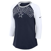 T-shirt à manches 3/4 Nike Dallas Cowboys Knockout Arch Raglan Tri-Blend bleu marine/blanc pour femme