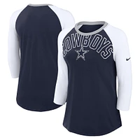 T-shirt à manches 3/4 Nike Dallas Cowboys Knockout Arch Raglan Tri-Blend bleu marine/blanc pour femme