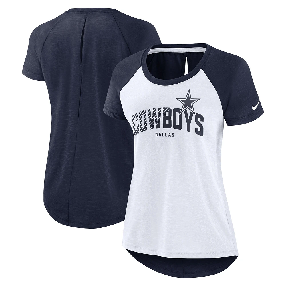 T-shirt à manches raglan Nike Dallas Cowboys Primetime pour femme - Bleu marine/blanc