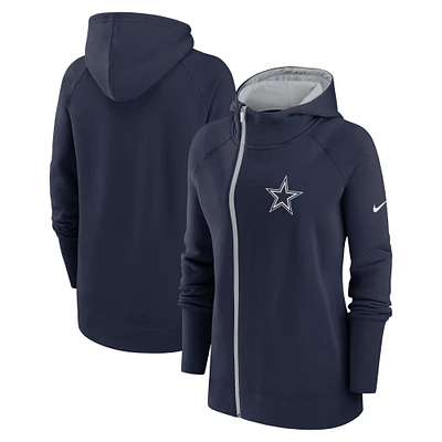 Sweat à capuche zippé et raglan asymétrique Nike Dallas Cowboys pour femme, bleu marine