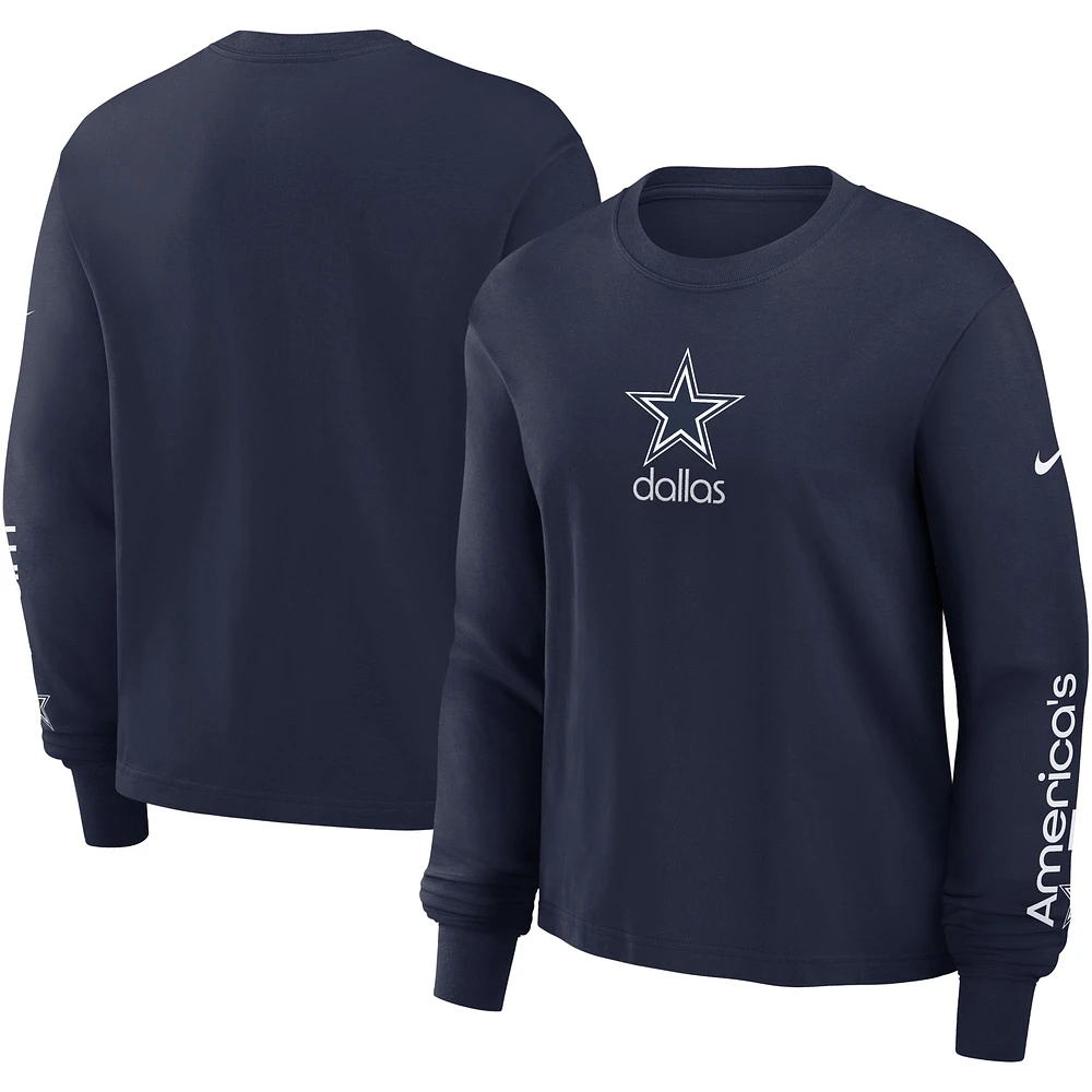 T-shirt à manches longues Nike pour femmes, bleu marine, Dallas Cowboys Boxy