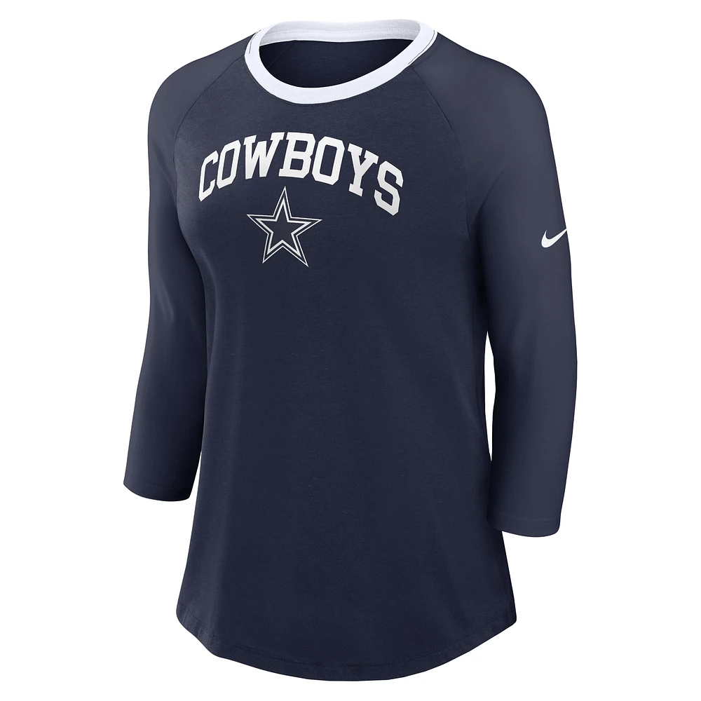 Women's Nike Navy Dallas Cowboys Raglan 3/4 Sleeve T-Shirt