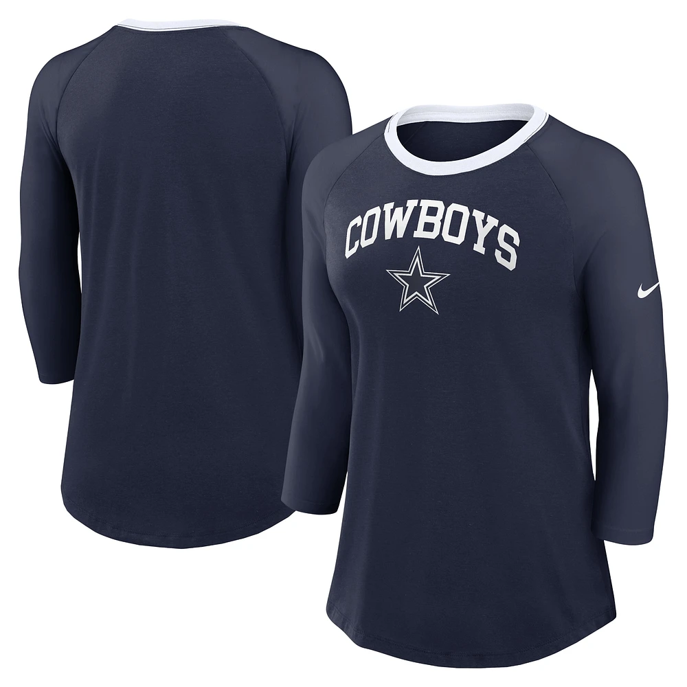 Women's Nike Navy Dallas Cowboys Raglan 3/4 Sleeve T-Shirt