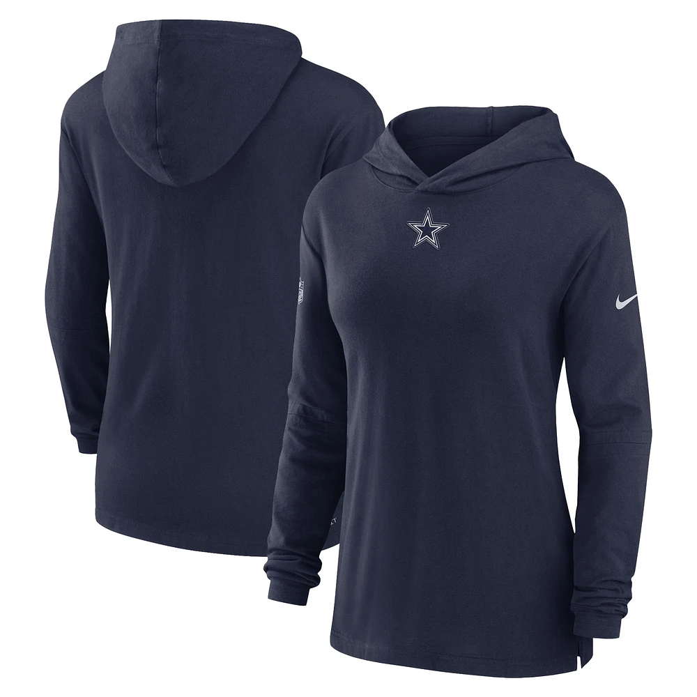 T-shirt à capuche manches longues Nike Dallas Cowboys Sideline Performance pour femme, bleu marine