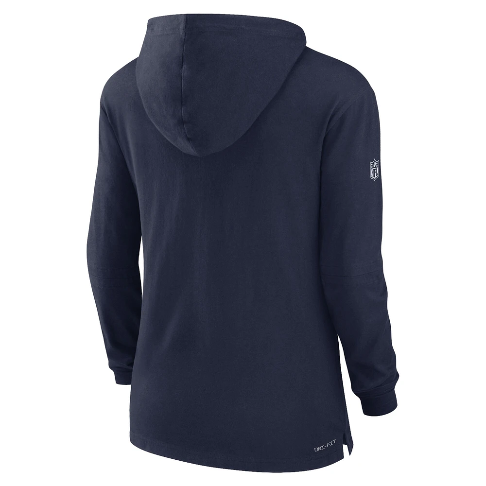 T-shirt à capuche manches longues Nike Dallas Cowboys Sideline Performance pour femme, bleu marine