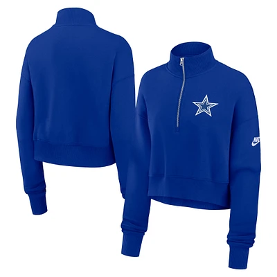 Sweat-shirt court à demi-zip Nike Royal Dallas Cowboys Rewind Phoenix pour femme