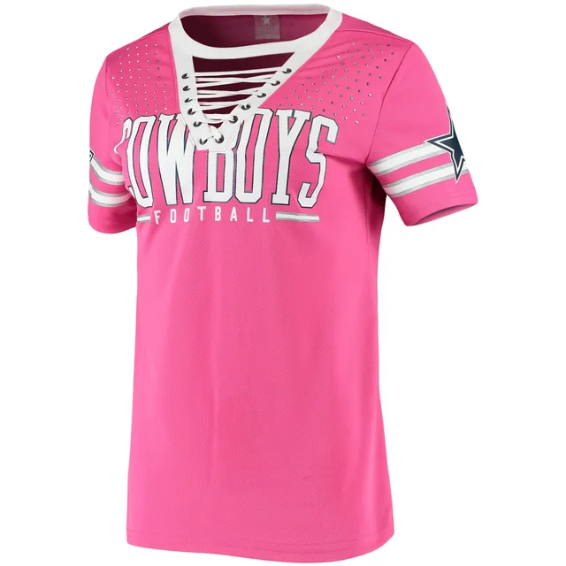 Women's Pink Dallas Cowboys Lace-Up Giselle Rhinestone Jersey T-Shirt