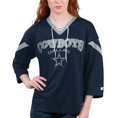 T-shirt à lacets manches 3/4 Starter pour femmes, bleu marine, Dallas Cowboys Rally