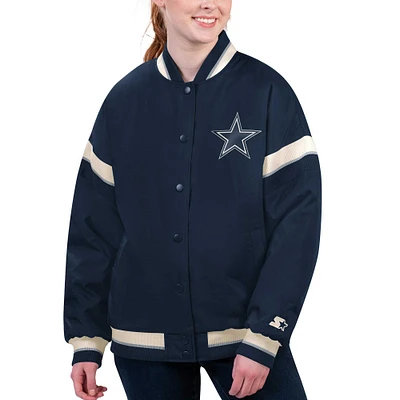 Veste universitaire à bouton-pression complète du tournoi des Dallas Cowboys Starter pour femmes bleu marine