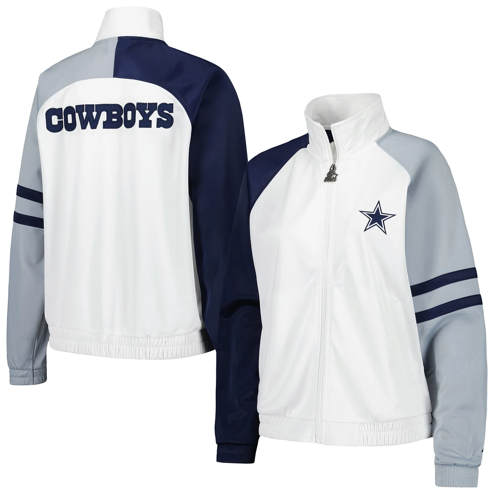 Veste de survêtement entièrement zippée Starter White Dallas Cowboys Curve Ball Raglan pour femmes