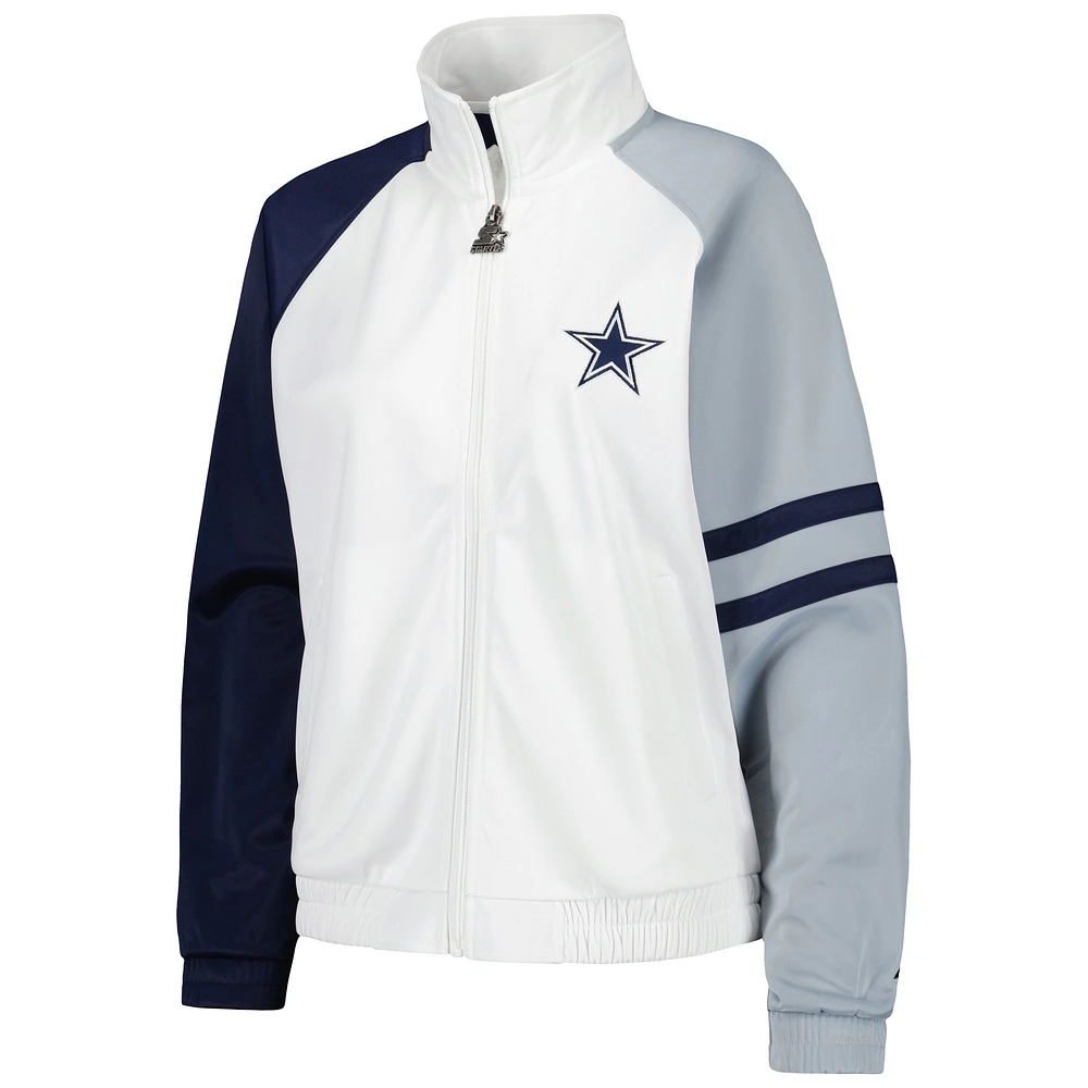 Veste de survêtement entièrement zippée Starter White Dallas Cowboys Curve Ball Raglan pour femmes