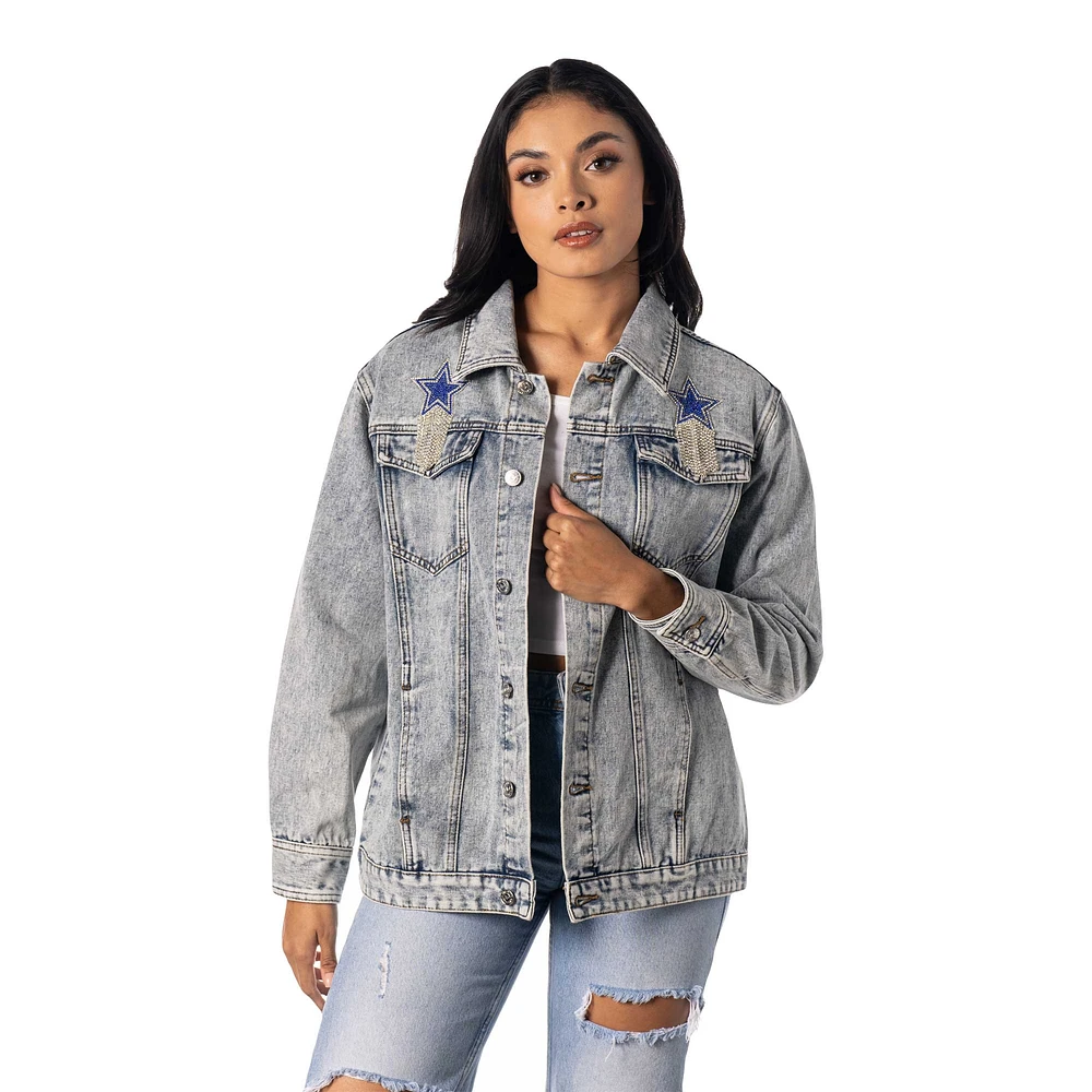 Women's The Wild Collective  Dallas Cowboys Rhinestone Denim Sequin Fringe Button-Up Jacket