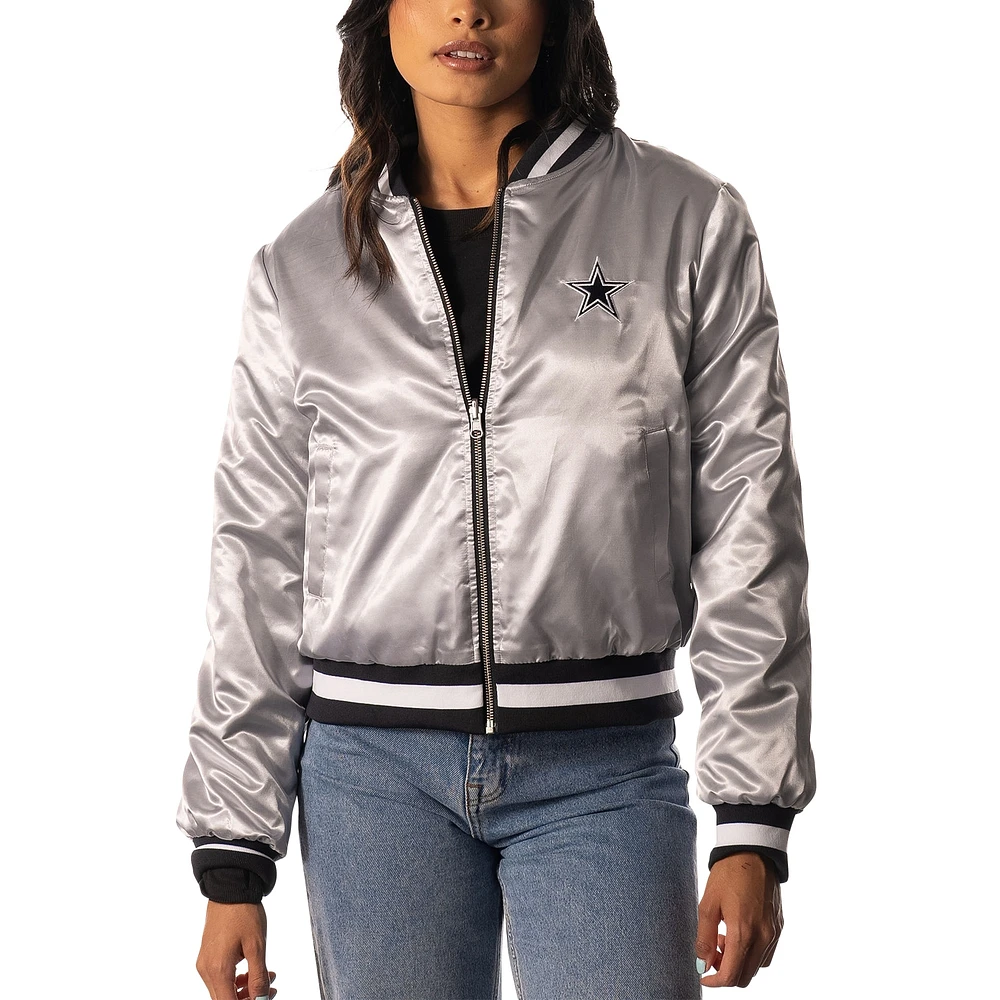 Blouson aviateur réversible en sherpa entièrement zippé The Wild Collective pour femmes, argent/noir, Dallas Cowboys